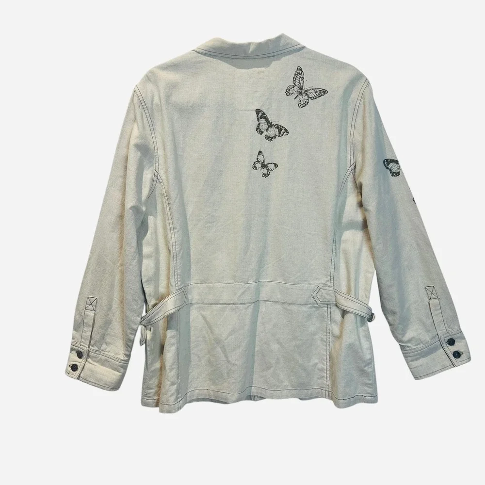 Graffwear Butterfly Graphic Safari Style Jacket Beige Linen Blend Button Up Sz L